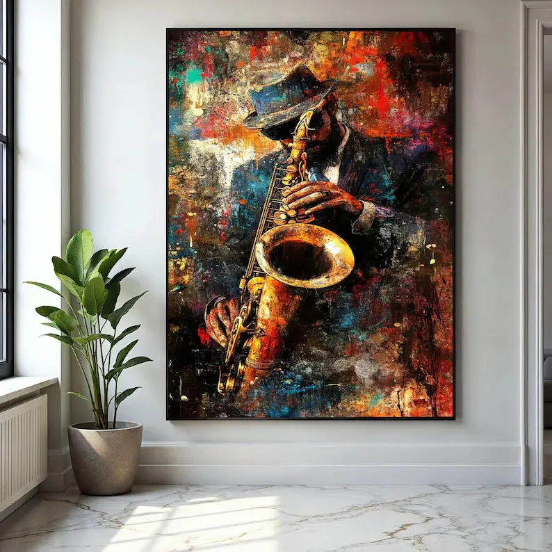 2D Flat Modern Abstract Jazz Music Poster in Black Golden Red Brown Canvas Print Wall Art Decor for Living Room Bedroom Office Poster for Jazz Clubs
