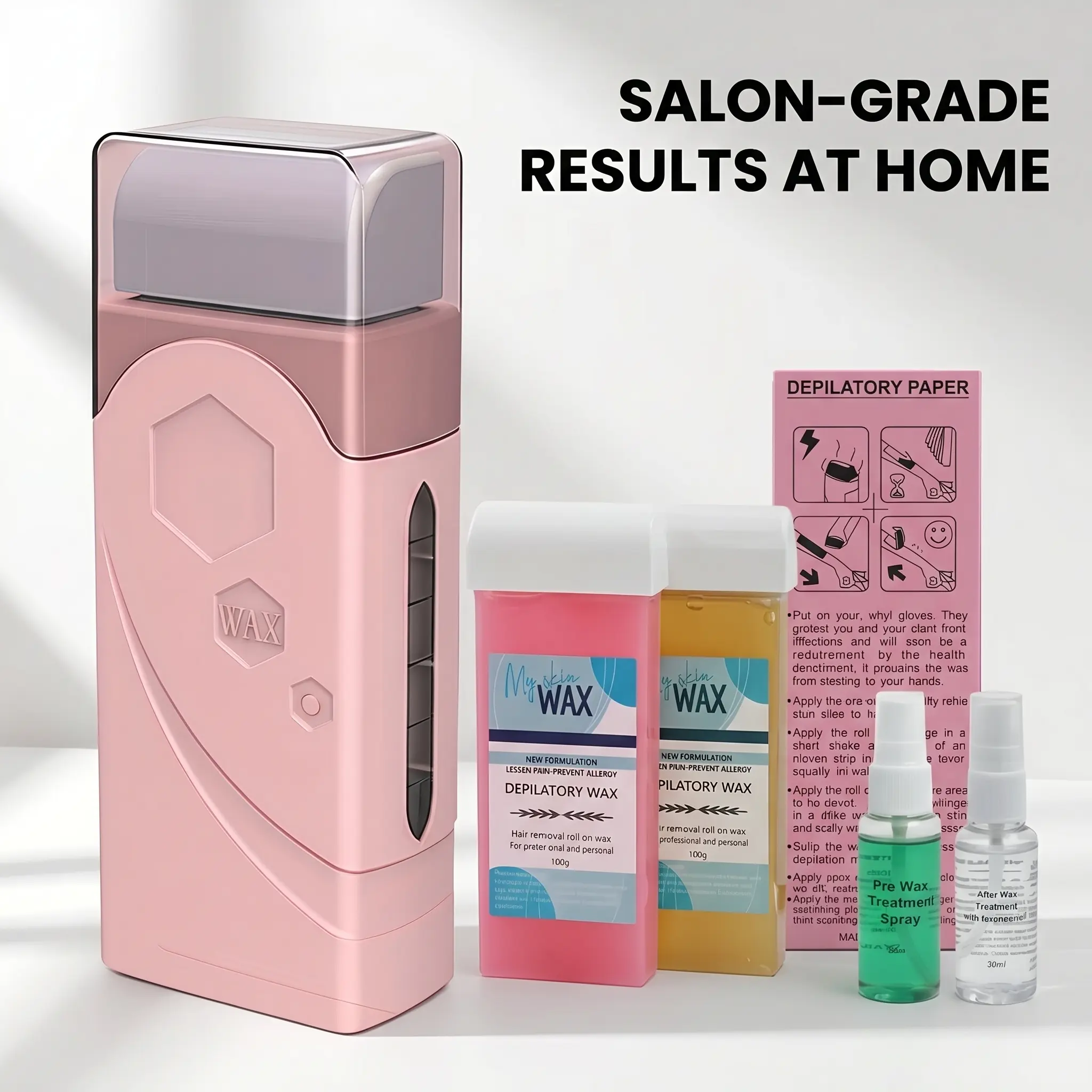 Pink High-Efficiency Wax Roller & Heater Kit[with 2 Wax Cartridges & 100 Strips] - Waxing Hair Removal Device for Women - Salon-Quality Results, Bikini & Brow Waxing, Body Hair Care, Gift-Ready Personal Care Appliance