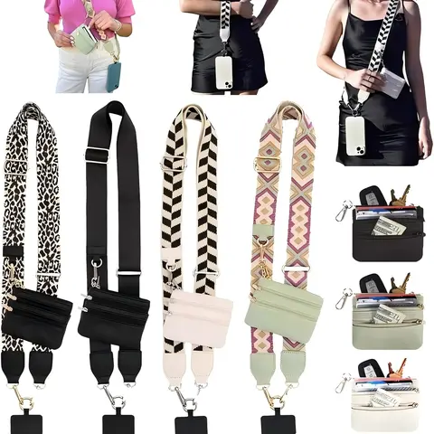 Women's Adjustable Detachable Clip-and-Go Polyester Phone Strap Wallet with Crossbody/Wrist Options, ID Window, Zipper Pocket - Badge Clip & Crossbody Lanyard Phone Straps & Charms, Hands-Free Accessories (Back to School)