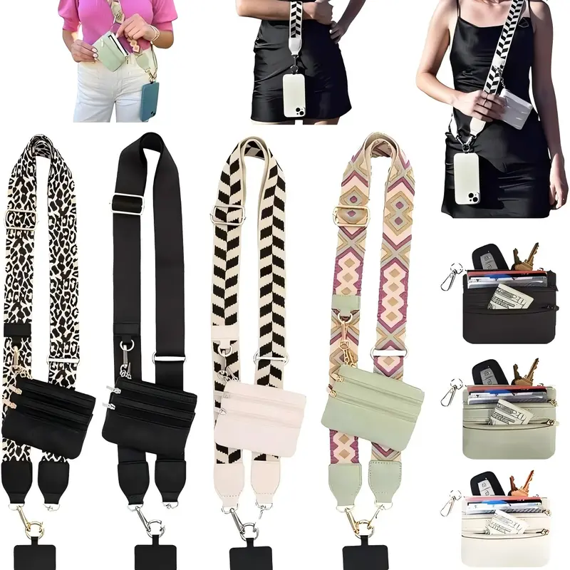 Women's Adjustable Detachable Clip-and-Go Polyester Phone Strap Wallet with Crossbody/Wrist Options, ID Window, Zipper Pocket - Badge Clip & Crossbody Lanyard Phone Straps & Charms, Hands-Free Accessories (Back to School)