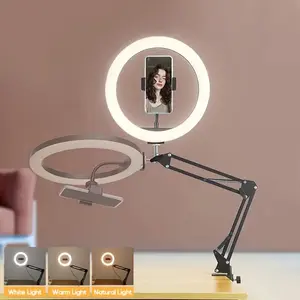 8-Inch LED Smart Ring Light with Stand | 3-Color Fill Light, Foldable Clip Desk Lamp, Phone Holder, USB Powered, Live Streaming Cooking Kitchen Video Recording Makeup Fill Light, Bedside Light, LED Selfie Accessories
