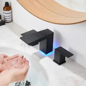 BESy Led 3 Hole Bathroom Sink Faucet, Waterfall Wide Spread Bathroom Faucet With 3 Colors Light Changing, Widespread Vanity Faucet 2 Handle With Supply Lines Modern