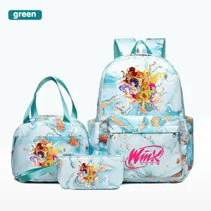 Winx Club Print Anime Theme Vibrant Three-Piece Set, Backpack Lunch Bag Pencil Case, Adjustable Straps, Nylon Material, Zipper Closure, Large Capacity