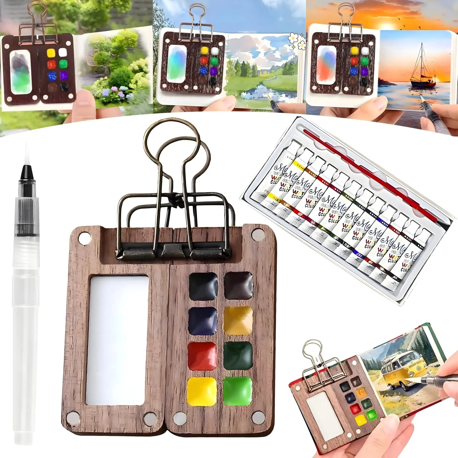 Portable Mini Poplar Watercolor Paint Box Set, Handmade Wooden Watercolor Painting Art Supplies, Includes Sketchbook, Color Pigments, Filler Pens, Clips
