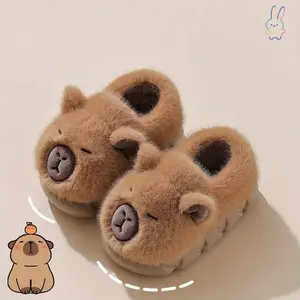 ERT-Adorable Capybara Plush Youngsters, Soft Faux Fur, Non-EVA Sole, Comfortable Indoor, Cartoon Design, Suitable Boys and Girls, Cute Winter Shoes, Cartoon Animal, Soft, Lovely