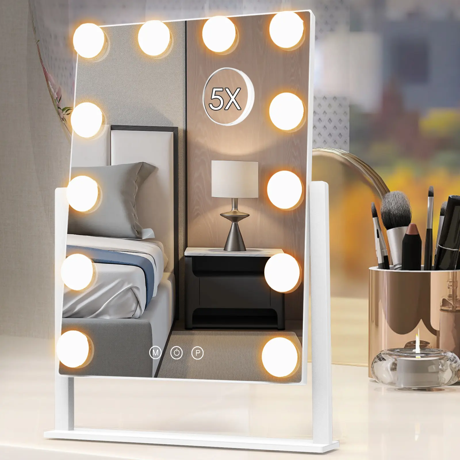 12 Dimmable Bulbs Hollywood Makeup Mirror with 3 Color Lighting Modes and Detachable 5x Magnification, Smart Touch Control, 360° Rotation, Suitable for Bedroom, Bathroom, Holiday/Birthday Gift for Women