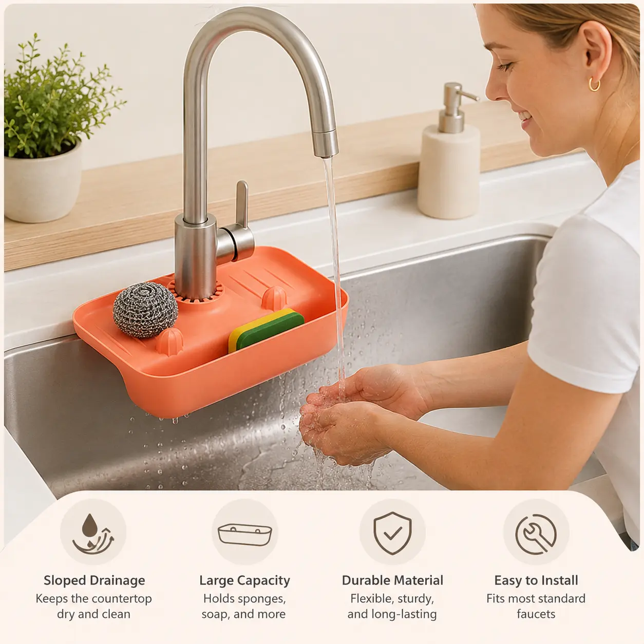 1 Count, Faucet Sink Drainage Organizer, TPE Material Beveled Slope Drain Design, For Kitchen Bathroom Countertop Sponge Soap Storage