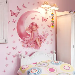 A set of two (30*60cm*2pcs) pink moon sleeping fairy butterfly flower cluster wall stickers, Decorative Wall Sticker, Floral Pattern Sticker, Wall Decal, suitable for living room, bedroom home decor, self-adhesive, MS7658-NL