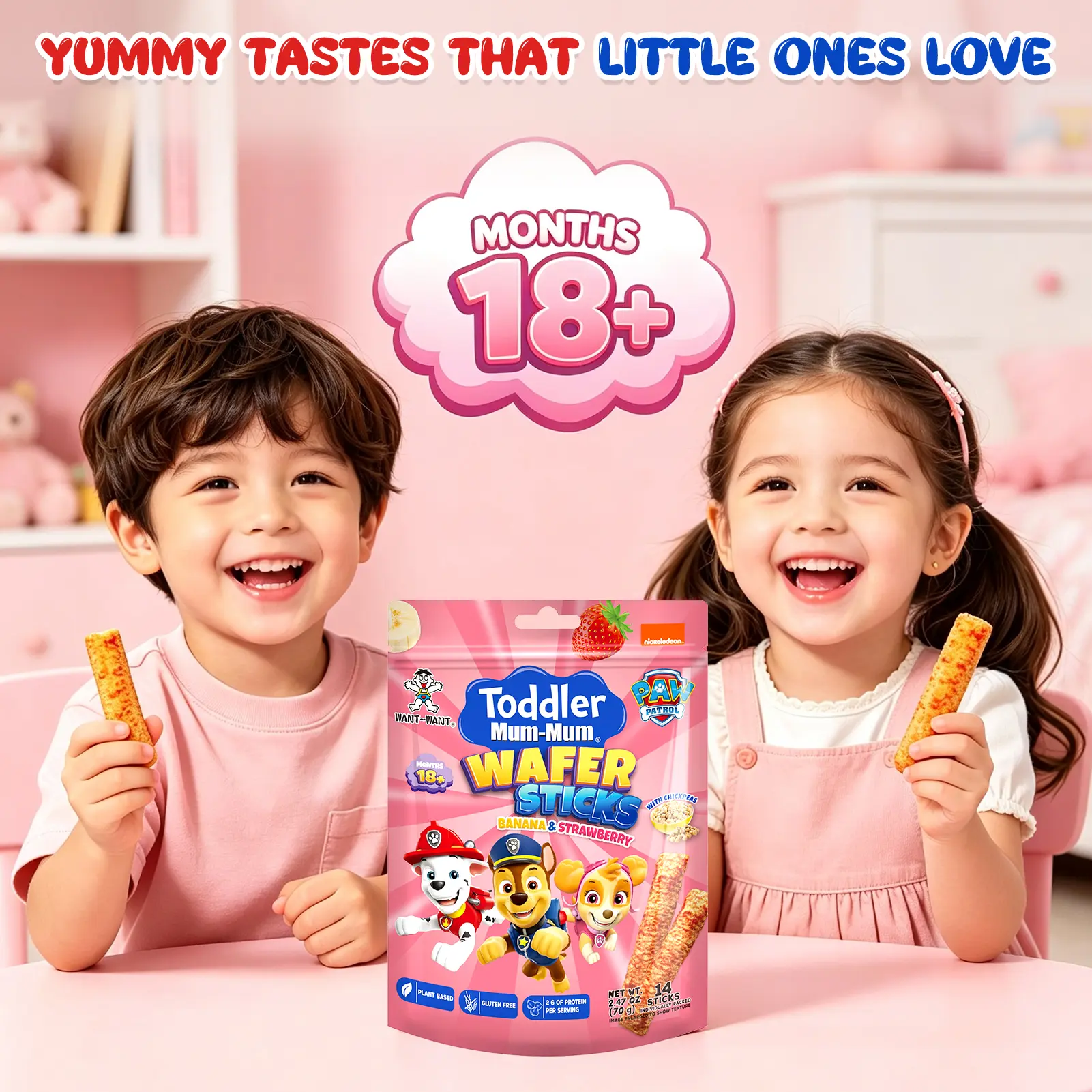 WANT~WANT Toddler Mum-Mum wafer sticks, gluten-free, [6-pack], 70 g per pack, contains 14 pieces, snack cookies (banana strawberry flavor/cheese flavor)