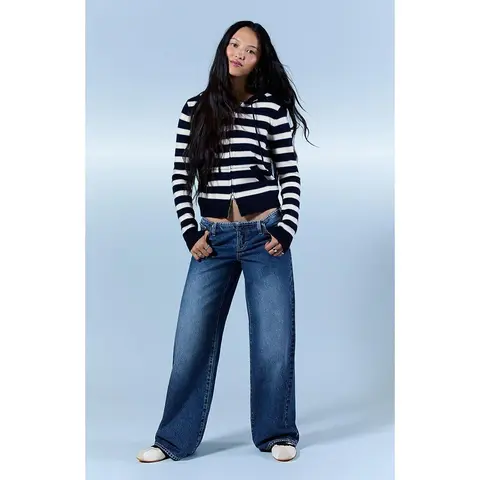 Pacsun Women's Kaia Ultimate Low Rise Baggy Jeans No Waistband Dark Blue