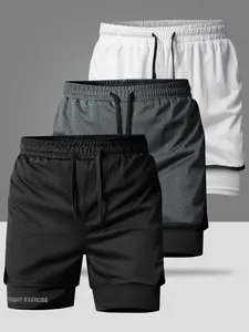 Three Men's Sports Shorts Casual Sporty Style, Double Layer Design with Snug Inner Layer and Breathable Mesh Outer Layer, Drawstring Waistband for Adjustable Fit, Side Details are Simple and Streamlined, Perfect for Daily Night Runs, Unrestricted Moveme