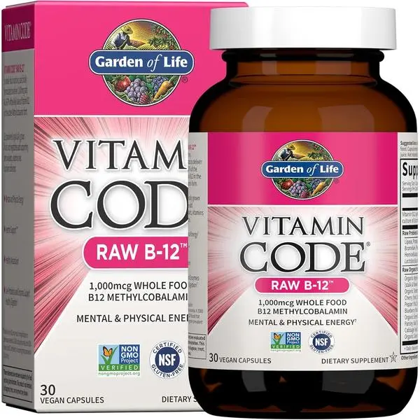 Garden of Life Vitamin Code Raw B-12 Supplements - 30 Capsules, 1000mcg Whole Food Methylcobalamin for Energy Boost, Vegan, Gluten-Free, plus Probiotics and Enzymes