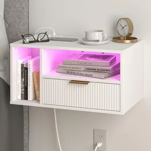 White Floating Nightstand with  Station and LED Lights,White