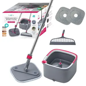 True & Tidy Tidy Microfiber Spin Mop & Bucket System with Silicone Floor Sweeper Deluxe Set