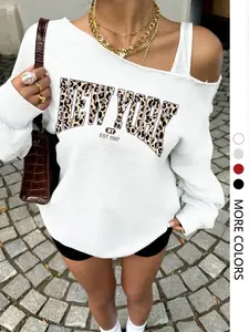 Women's Long Sleeve Asymmetrical Neck Leopard Print Casual Vibe Sweatshirt Hoodie, Loose Fit Retro Style, Comfortable Fall & Winter Top, Womenswear, White