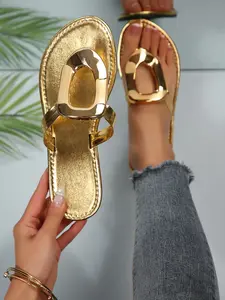 New Summer Autumn Metal Gold Buckle Sandals Women, Square Toe Flat Flip Flops, Lightweight Luxury Casual Shoes for Beach and Office