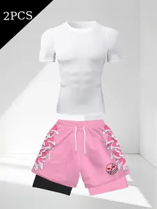 Men's Round Neck Slim Fit T-Shirt and 3D Print Double Layer Shorts Set, Comfortable Breathable Quick Dry Activewear, Ideal for Basketball Football Fitness Running