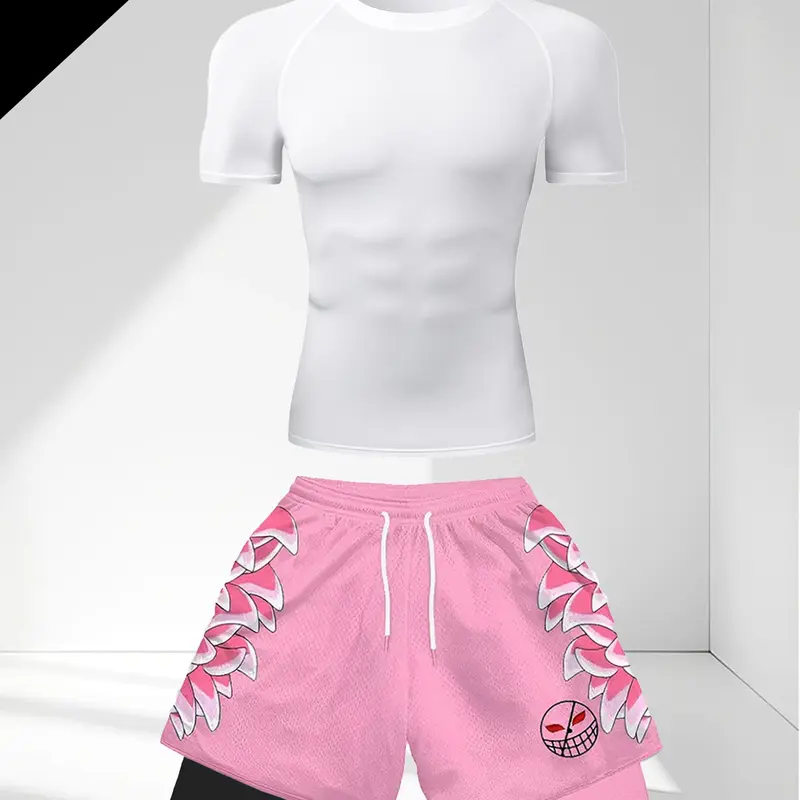 Men's Sporty 2-Piece Set, Short Sleeves Set, Round Neck Slim Fit T-Shirt & Knee-Length Short Pants, Breathable Quick-Dry, Ideal for Sports & Fitness, Sports Activewear Set