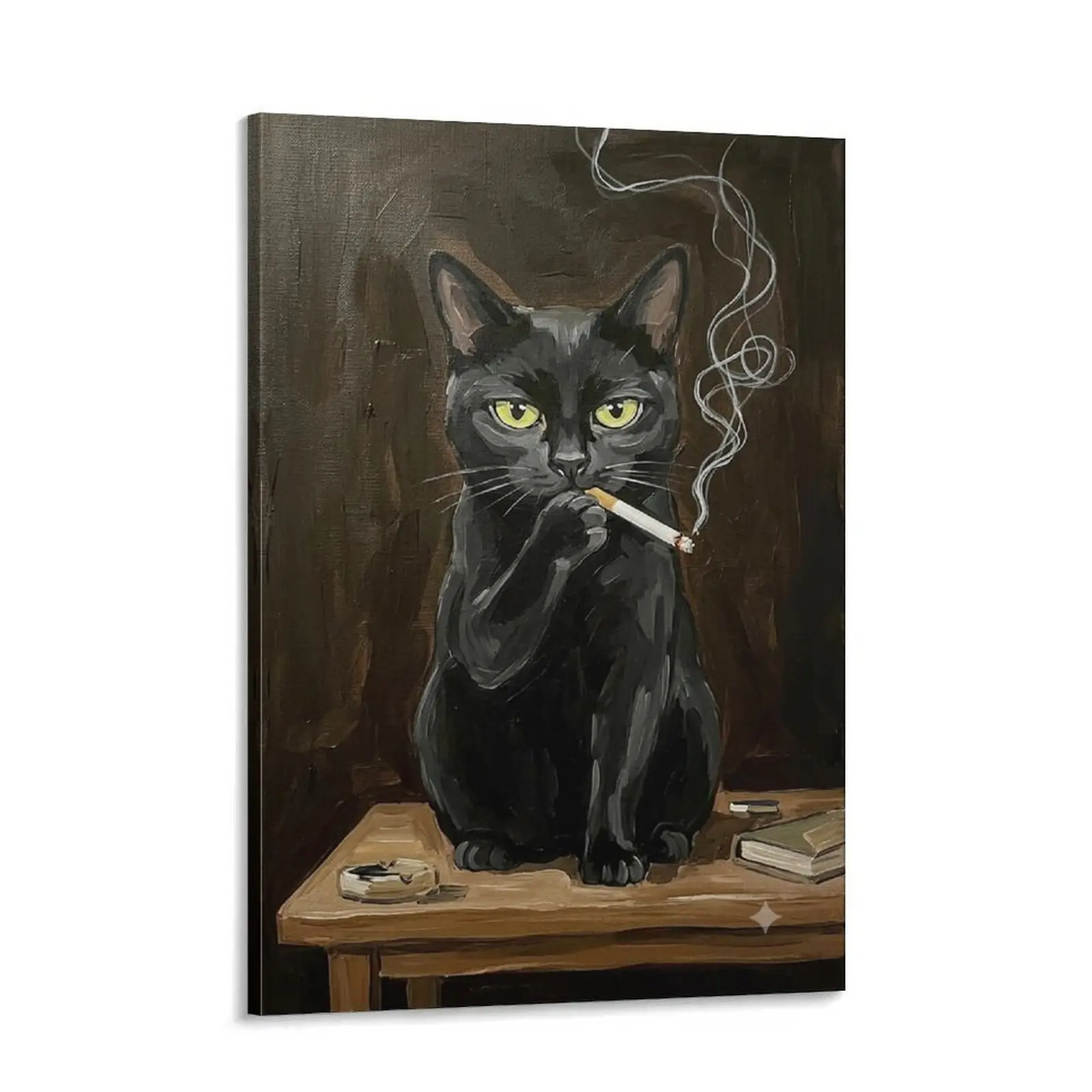 Funny Black Cat Smoking Cigarette Canvas Wall Art, Vintage Oil Painting Style Cat Poster, Quirky Animal Print, Cool Man Cave & Bar Room Decor Gift, Man Cave Decor, Oil Paint Look