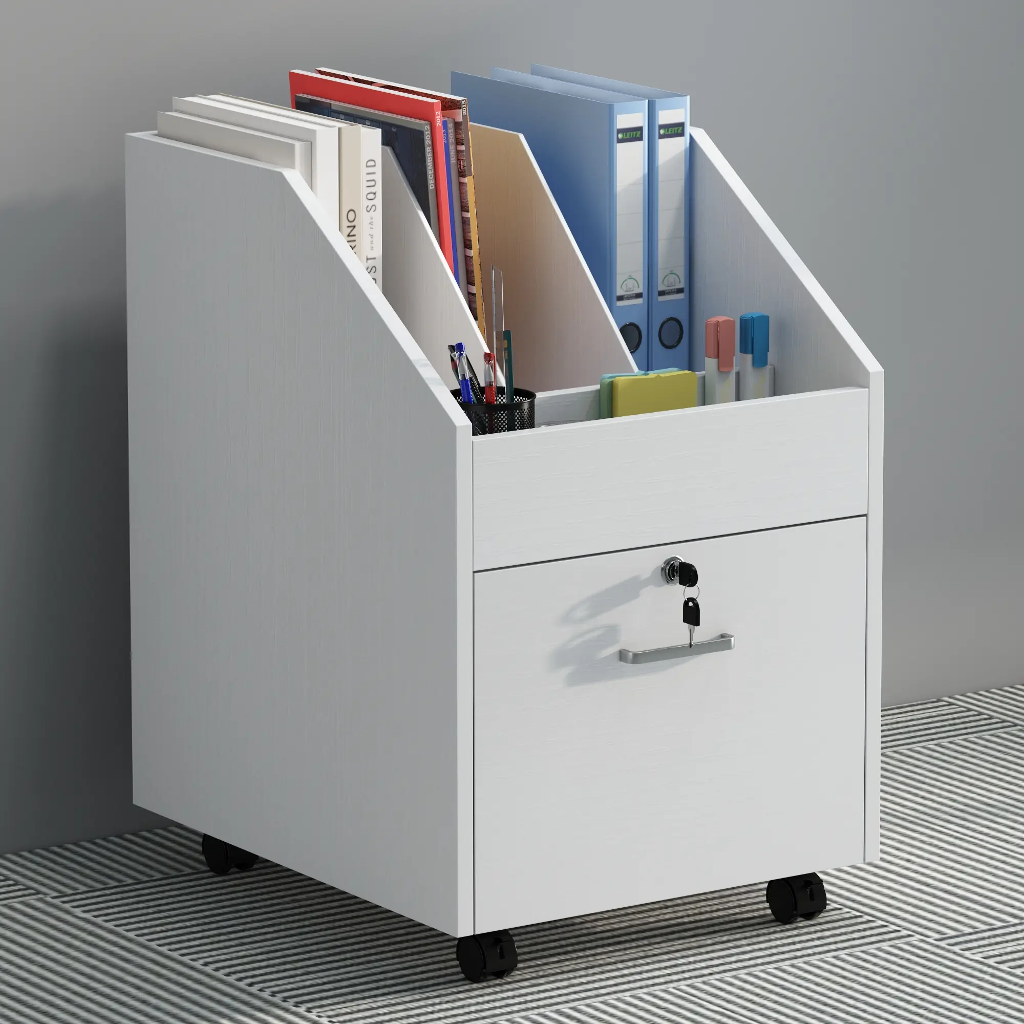 NAIYUFA Modern Rolling Wood Mobile File Drawers Cabinet with Lock, Scratch-Resistant White/Black Home Office Furniture with Storage Drawer