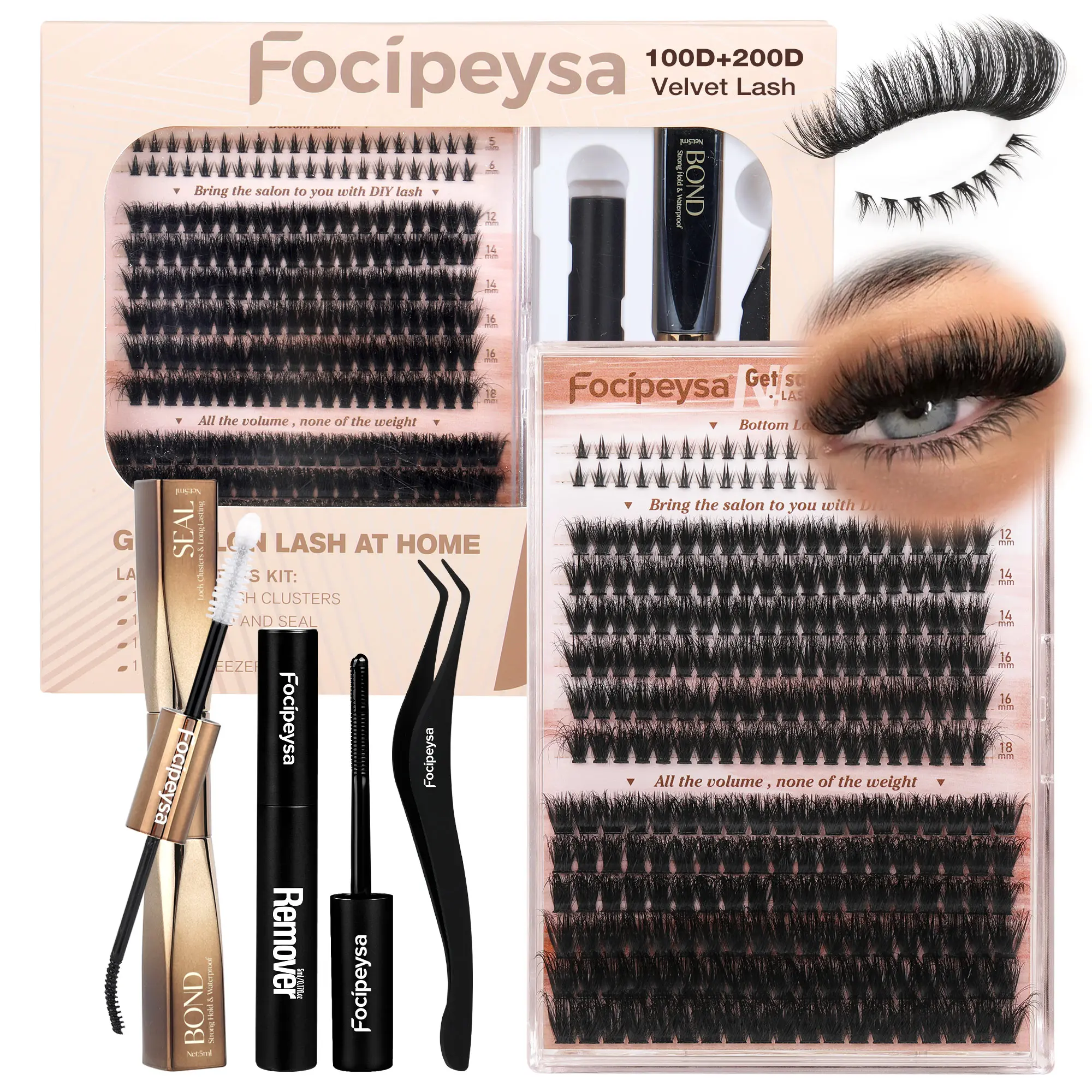 Focipeysa Velvet Lashes | 100D+200D with Bottom Lashes | Professional Salon Lash Extensions Look, Home Application | 12-18mm D Curl | Waterproof, Ultra-Dense & Long Lasting | Effortless DIY D-Curl for a Volume Fluffy Eye Look