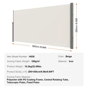 VEVOR Retractable Side Awning, 79''x 118'' Outdoor Privacy Screen, 180g Polyester Water-proof Retractable Patio Screen, UV 30+ Room Divider Wind Screen for Patio, Backyard, Balcony, Beige