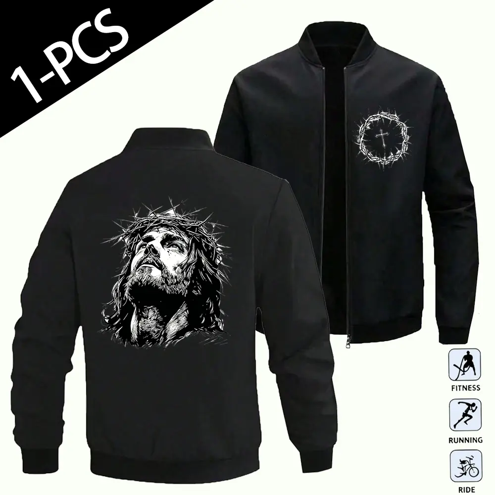 Mens Black Zip Up Outerwear Jesus Christ Crown Of Thorns Cross Print Casual Christian Faith Streetwear Coat