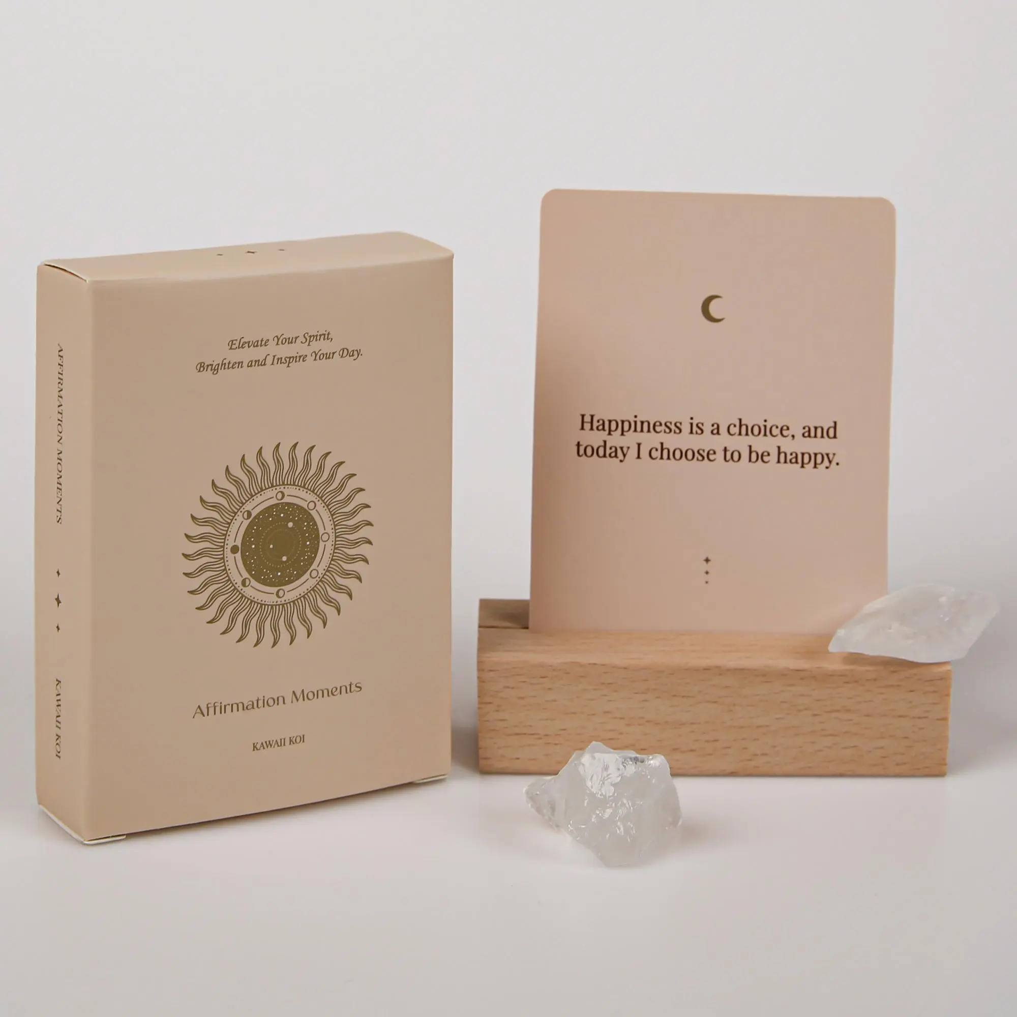 Affirmation Moment Positive Affirmation Cards, 1 Set 53 Daily Motivational Card Positive Message Card with Wooden Display Stand and Artificial Crystals, Boost Inner Confidence, Achieve Goal, Mindfulness Inspirational Meditation Card