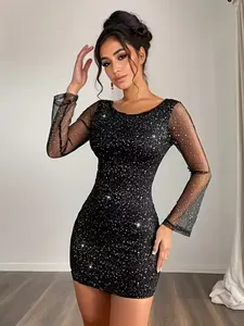 Women's Shiny Sequined Backless Tie Mini Dress Long Sleeve Sparkle Tight Fit Party Club Gown, Elegant Evening Wear Formal Womenswear
