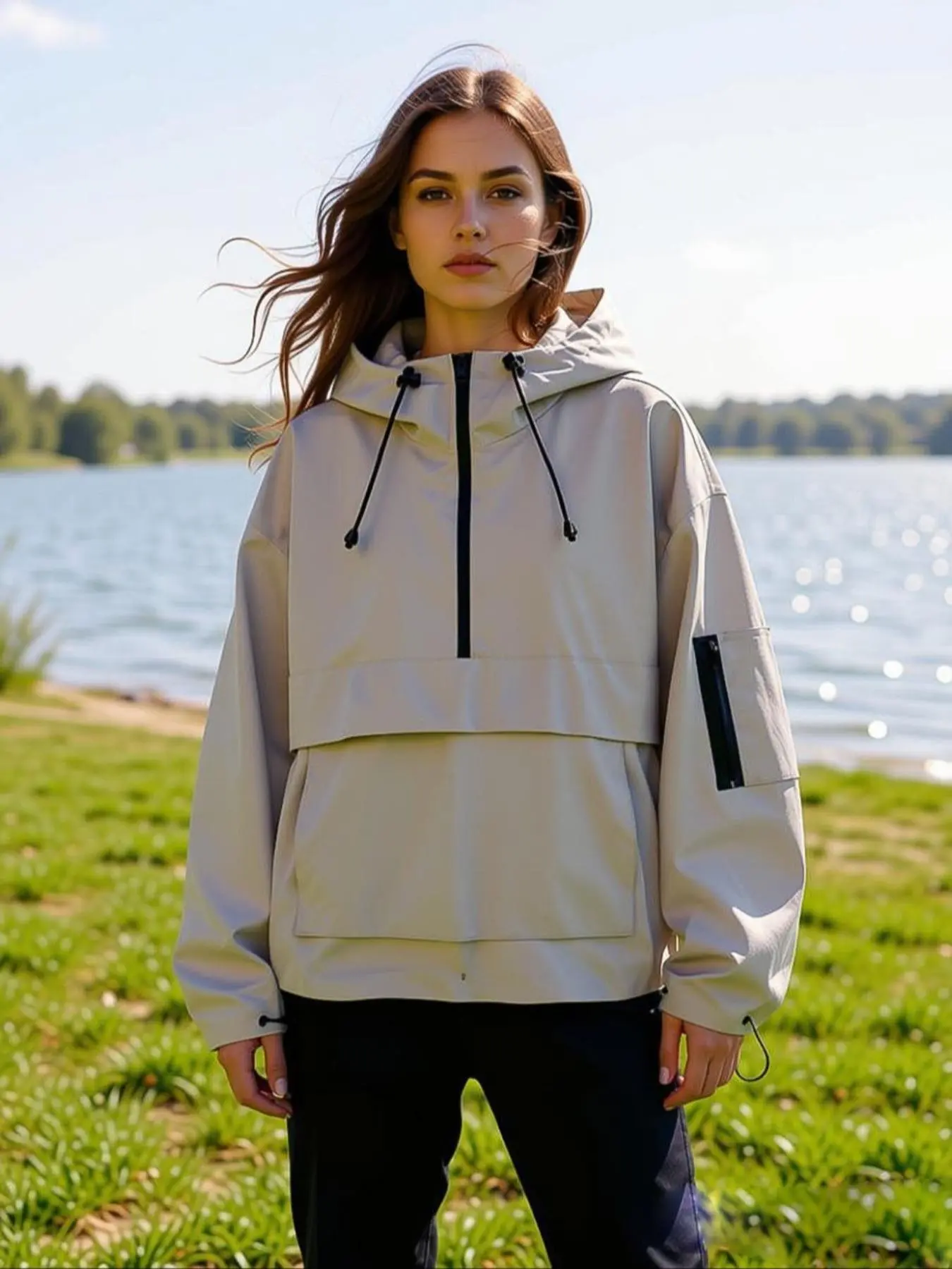 Waterproof Hooded Outdoor Zipper Jacket with Kangaroo Pocket, Adjustable Waist and Cuffs, Perfect for Outdoor Sports & Activities, Athlete Jackets, Workout Jackets, Athletic Outerwear, Casual Athletic Jacket, Casual Sportswear Jacket