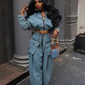 Women's Two-piece Suit Winter Fashion Retro Wide-leg Loose Heavy Denim Long-sleeved Top and Pants Suit Clothes Womenswear