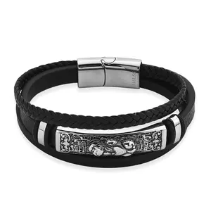 Braided Microfiber Leather Bracelet in Stainless Steel 8.00 In