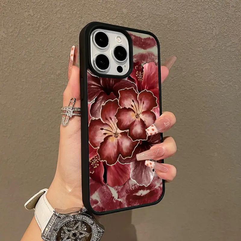 Magnetic MagSafe-Compatible Case for iPhone 11/12/13/14/15/16/17 Pro Max - Burgundy Floral Art, Lightweight, Anti-Fall, Girly Chic Style | iPhone Series Accessories, Cute Aesthetic Phone Accessory, Cute Accessories