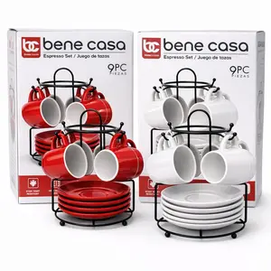 Bene Casa 9-Piece Espresso Set with Metal Stand - Red or White Cups, Saucers, and Organizer for Espresso, Cortado, or Cuban Coffee - Compact and Elegant Design - Tea, Organiser