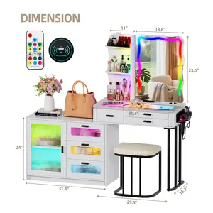 Miu Vanity Set with Wireless Charging, 24-Color RGB LightsHD Mirror, 8-Drawer Chest, Cushioned Stool & Large Storage Furniture Organizing