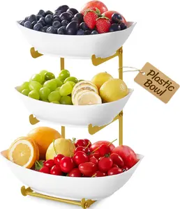 Plastic Fruit Bowl for Kitchen Counter, 3 Tier Fruit Basket with Gold Metal Stand, Tiered Fruit Holder for Countertop Serving Tray for Vegetable/Dessert in Party 28 x 21 x 35cm/11 x 8.4 x 14