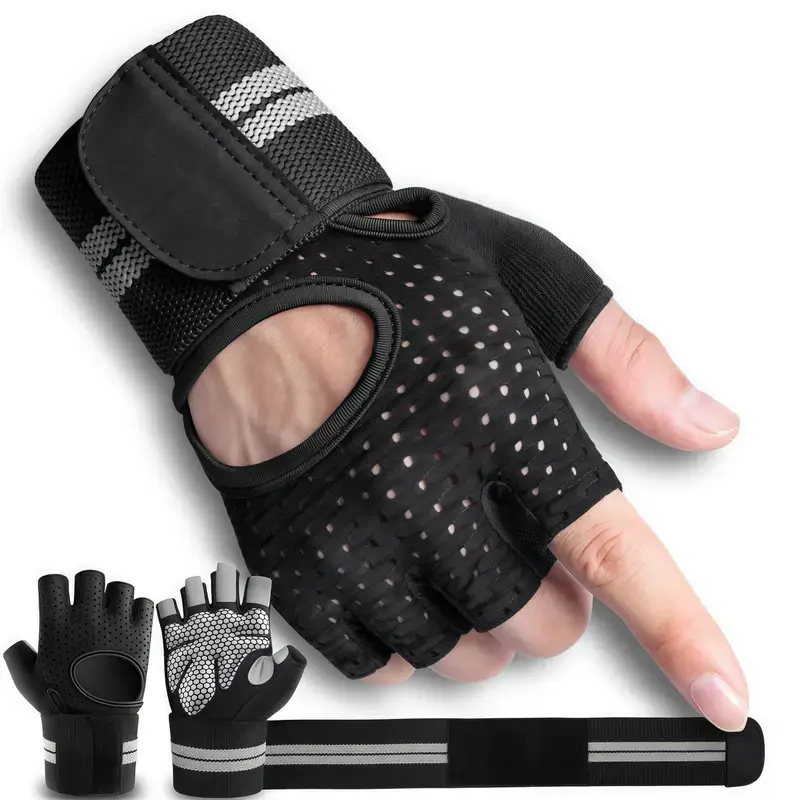 Adult Breathable Fingerless Bodybuilding Sports Gloves with Padded Palm Protection, Anti-Skid Grip, Wrist Wrap Support, Allseason Use for Gym Training, Pull Up (V802N), Adjustable Strap Sports Gloves, Anti-Skid Sports Gloves