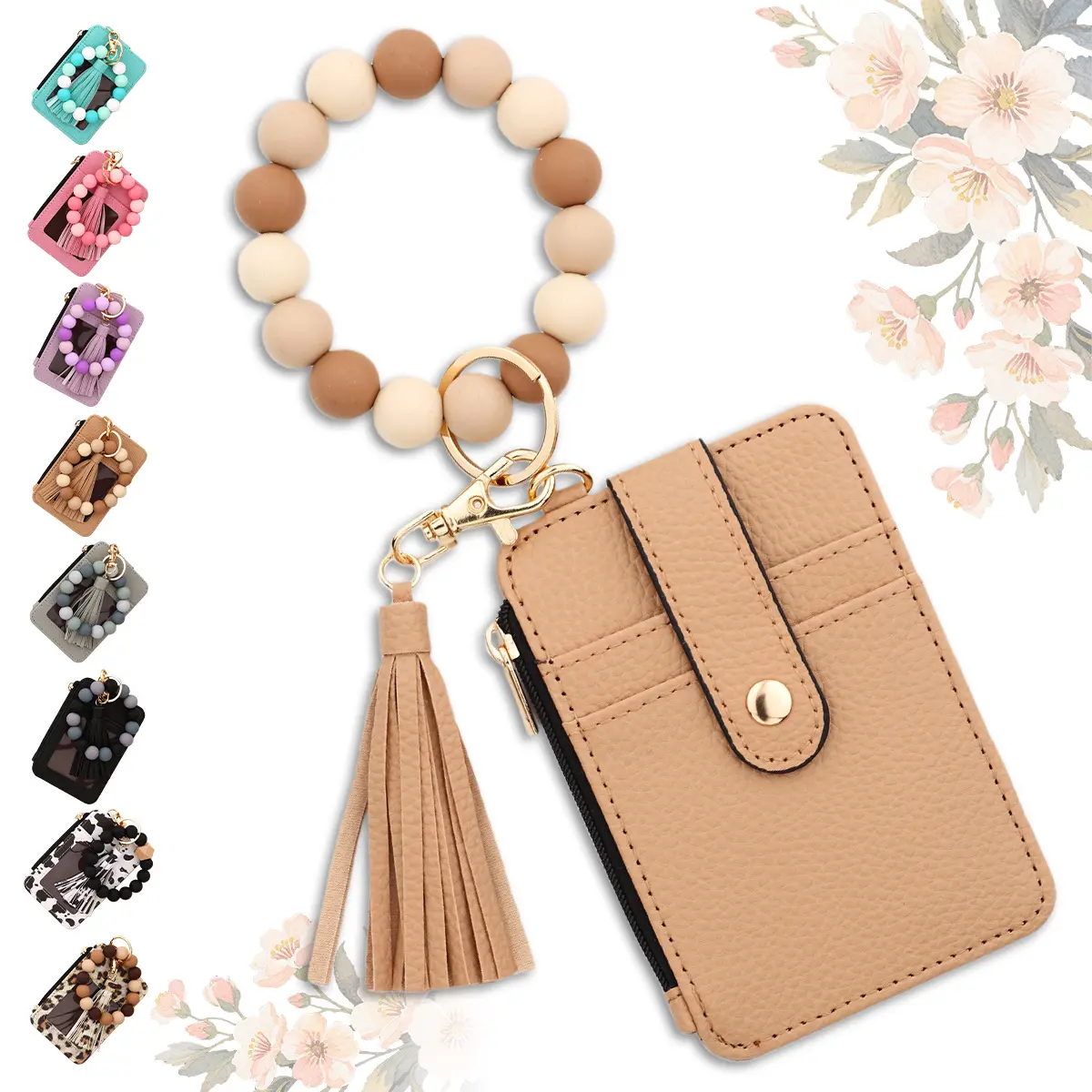 Boho Style Beaded & Tassel Decor Keychain, Keychain Wallet Wristlet Small Credit Card Holder Bracelet Key Chain Purse Bangle Tassel Beads Key Rings for Women, Trendy All-match Keychain for Birthday Gift