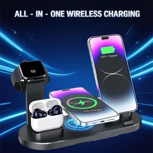 6 In 1 Wireless Charger Station Desk stand For iPhone 16/15/14/13/12/11/SE/XS/XR/X/8/7/6 Airpods 4/3/2/1 Pro Apple Watch 10/9/8/7/6/5/4/3 Ultra Charging