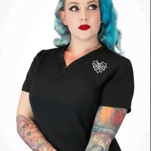 Medical and Veterinary Women's Rounded V-Neck 2-Pocket Heart Spiderweb Scrub Top / Made in USA / Adult Uniforms