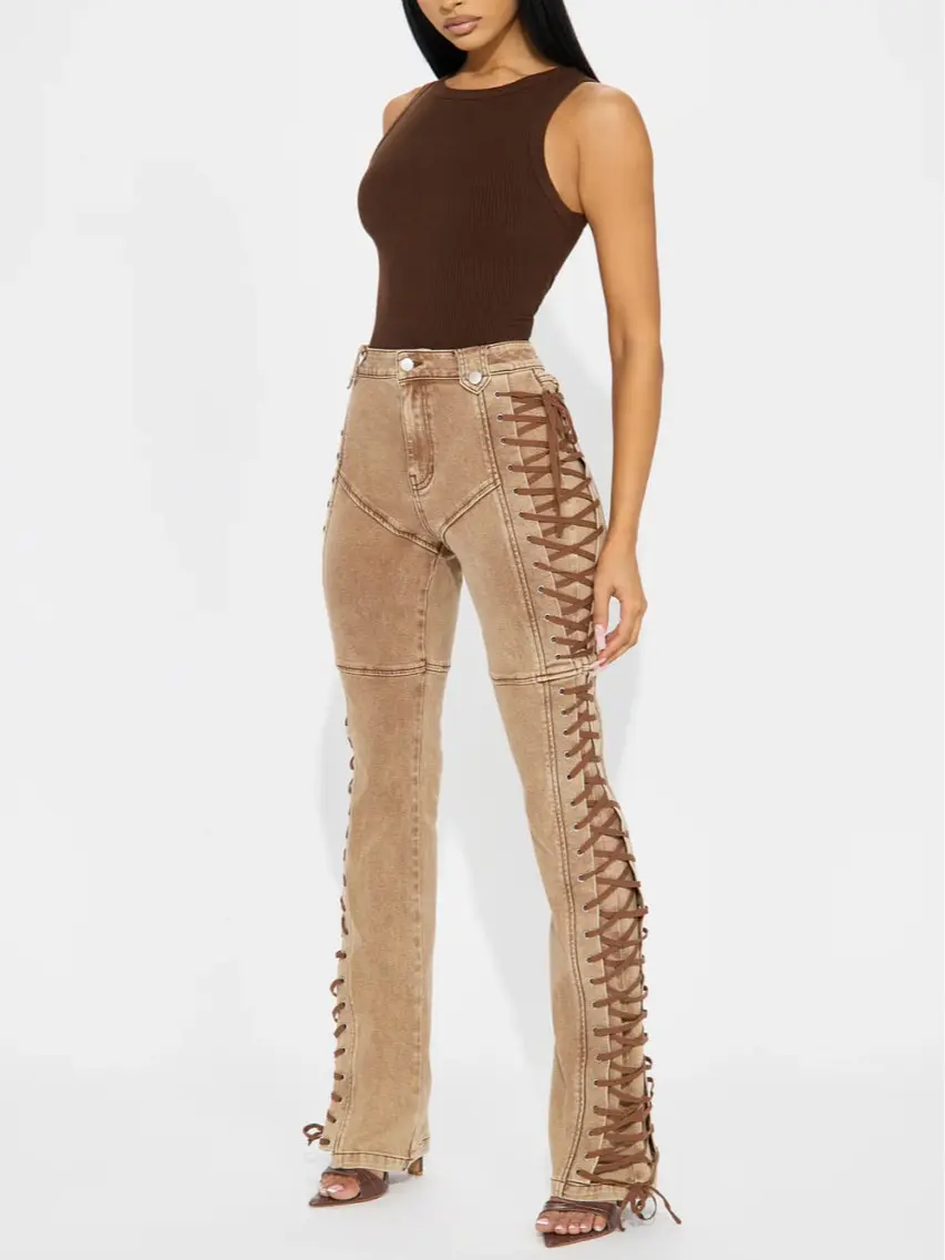 After Hours Lace Up Flare Pant - Khaki