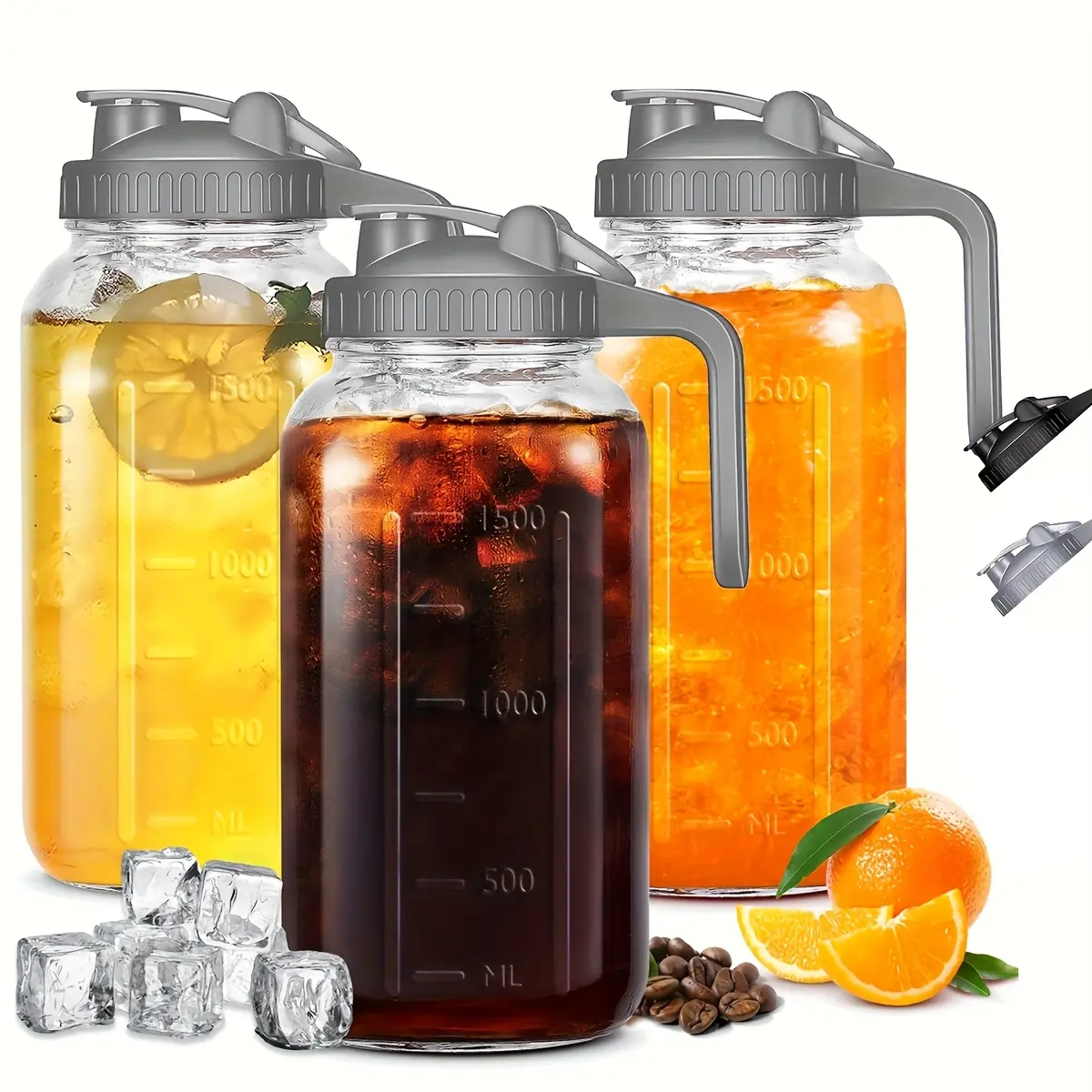 2/3PCS 64OZ Glass Pitcher Set, Thickened Lead-Free Mason Jar Cold Brew Bottle with Leakproof Sealed Lid, Refrigerator Water Jug for Coffee, Juice, Milk & Family Beverage Storage