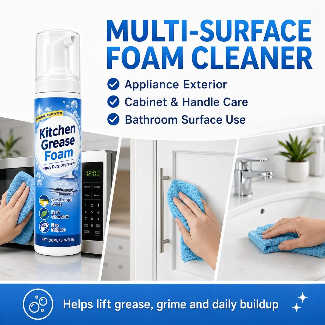 Kitchen Grease Foam Cleaner 200ml, Multi-Surface Foaming Degreaser for Stove, Range Hood, Sink, Countertop, Tile & Bathroom, Helps Lift Grease, Dirt & Daily Grime, Fresh Scent