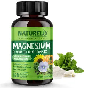 NATURELO Magnesium Glycinate Chelate Complex - 200 mg Magnesium with Organic Vegetables to Support Sleep, Calm, Muscle Cramp & Stress Relief - Gluten Free, Non GMO - 120 Capsules