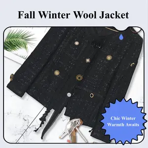 DUSHE Lady's Wool Tweed Coat - 2026 New Fall-Winter Feminine Elegant Chic Long-Sleeve Top-Jacket, Black Round Neck, Multiple Buttons, Ribbon Tassel Accessories, Casual Fit, Comfortable Wool Fabric 1-Piece Women's Clothes, Style, Fashion