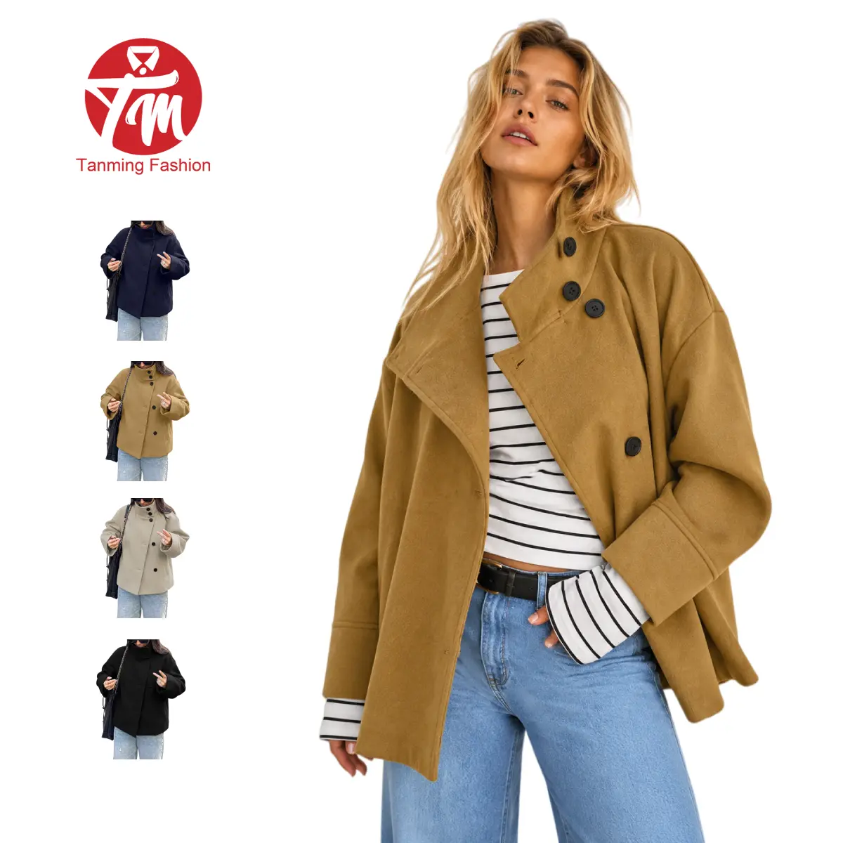 Tanming Women's Cropped Wool Blend Pea Coat, a Casual Single-Breasted Short Winter Jacket with Long Sleeves and Loose Fit, Long Sleeve, Tops, Basic, Casual Chic, Button Front, Short Coat, Longsleeves