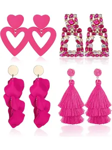 4 Pairs Clip Earrings for Women Hot Pink Heart Dangle Drop Earrings Rhinestone Geometric Statement Earrings Long Rose PetalTassel Earring Non Piercing Earrings Set