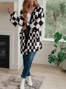 Women's Plaid Print Pocket Drop Shoulder Sweater Cardigan, Casual Long Sleeve Open Front Knitwear for Spring & Fall, Fashion Women's Knit Clothing for Daily Wear