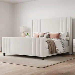 VanAcc Modern Platform Bed Frame, Upholstered Bed with Vertical Channel Tufted Wingback Headboard and Footboard, Premium Velvet, No Box Spring Needed