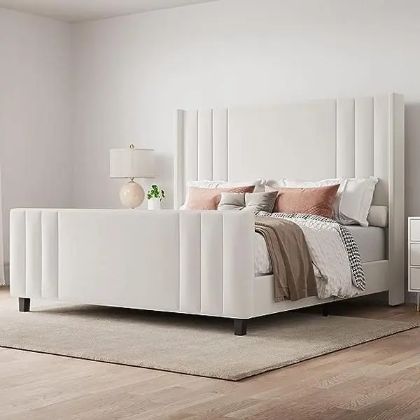 VanAcc Modern Platform Bed Frame, Upholstered Bed with Vertical Channel Tufted Wingback Headboard and Footboard, Premium Velvet, No Box Spring Needed